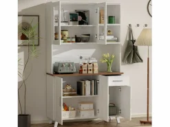 Hauss Spole Aparador de cocina 114,5x40x190cm con 5 puertas, 1 cajón y 2 nichos, cuerpo en chapa de madera imitación madera blanca y marrón
