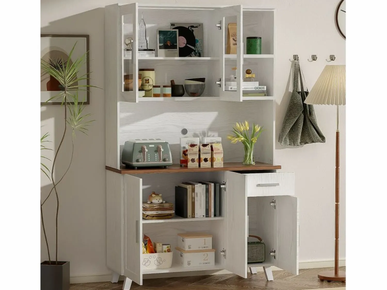 Hauss Spole Aparador de cocina 114,5x40x190cm con 5 puertas, 1 cajón y 2 nichos, cuerpo en chapa de madera imitación madera blanca y marrón