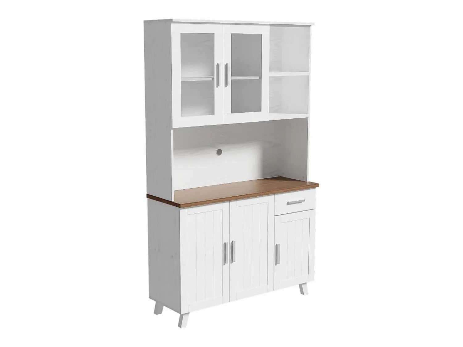 Hauss Spole Aparador de cocina 114,5x40x190cm con 5 puertas, 1 cajón y 2 nichos, cuerpo en chapa de madera imitación madera blanca y marrón