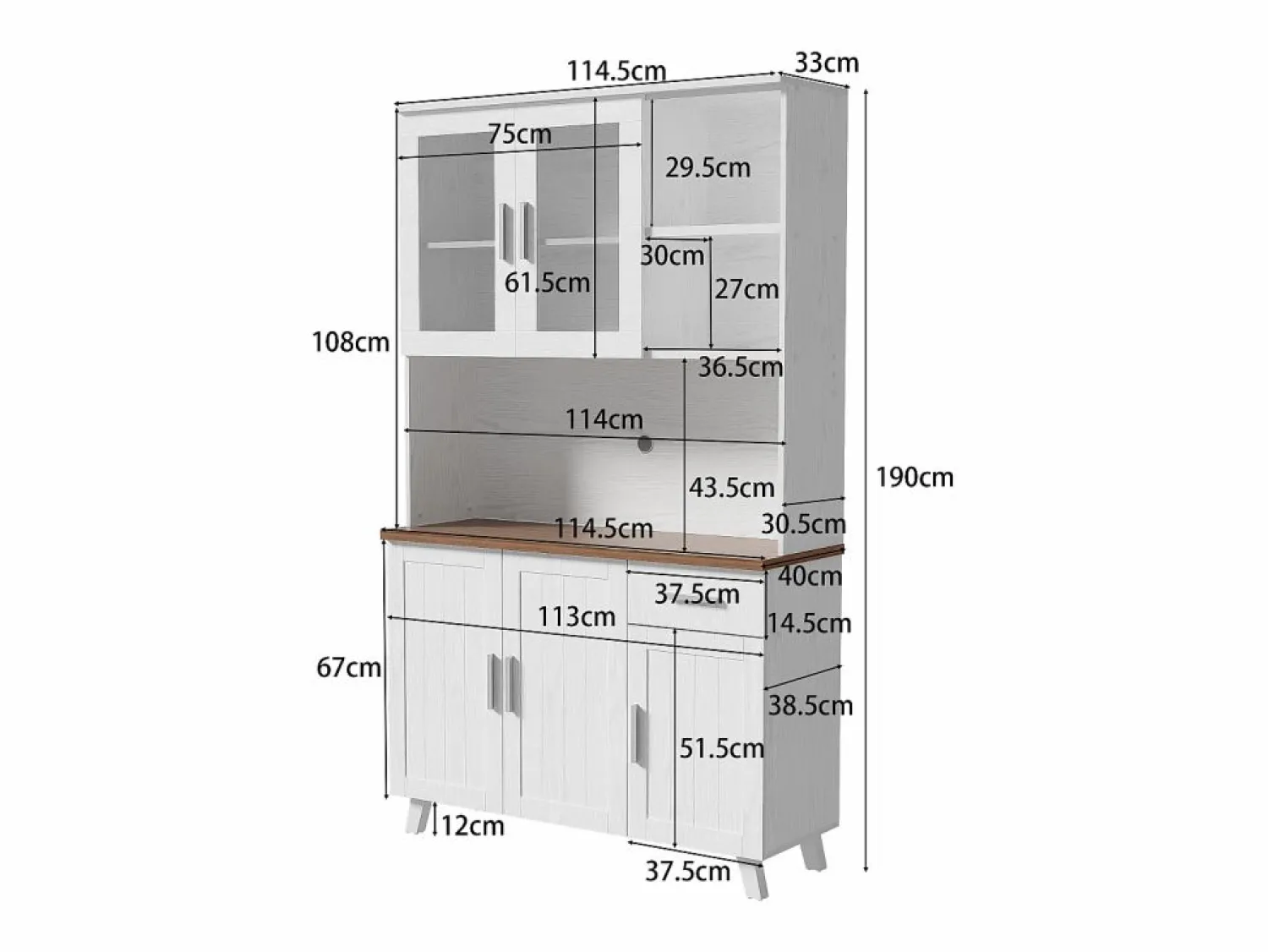 Hauss Spole Aparador de cocina 114,5x40x190cm con 5 puertas, 1 cajón y 2 nichos, cuerpo en chapa de madera imitación madera blanca y marrón