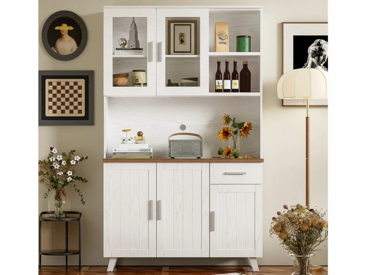 Hauss Spole Aparador de cocina 114,5x40x190cm con 5 puertas, 1 cajón y 2 nichos, cuerpo en chapa de madera imitación madera blanca y marrón