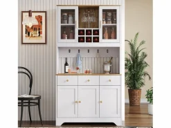 Hauss Spole Aparador de cocina 94,5x40x175,5cm con 5 puertas, 3 cajones y nichos, tapa chapada imitación madera, cuerpo Blanco