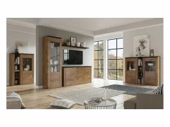 Aparador de diseño con 2 puertas para salón en color roble y negro efecto madera. Colección SANTIAGO. Vitrina Para Vajilla