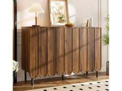Best OKWISH Aparador de madera con 3 puertas a rayas y estantes ajustables - para salón y comedor Color natural oscuro