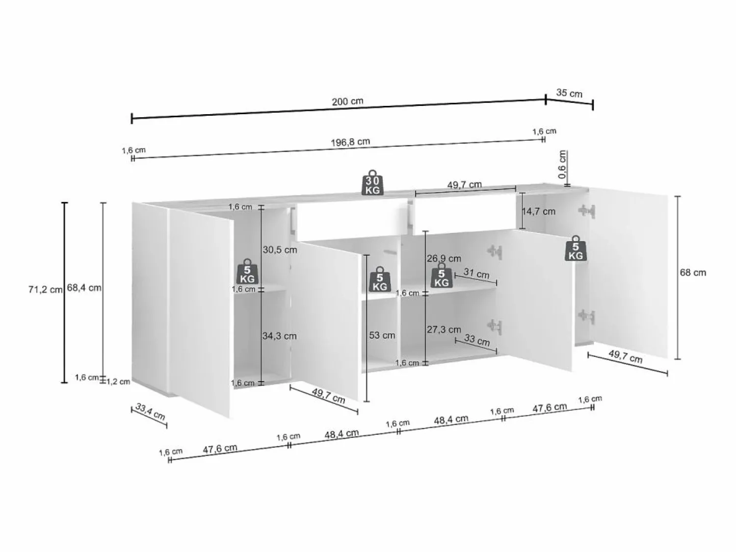 Aparador Garda con 4 puertas y 2 cajones mate y roble 200x35x71 cm
