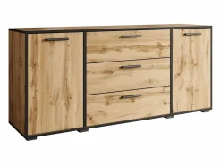 Hot Aparador moderno 150 cm para salón – 3 cajones y 2 puertas, color roble wotan con borde grafito negro Color natural oscuro