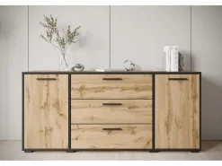Hot Aparador moderno 150 cm para salón – 3 cajones y 2 puertas, color roble wotan con borde grafito negro Color natural oscuro