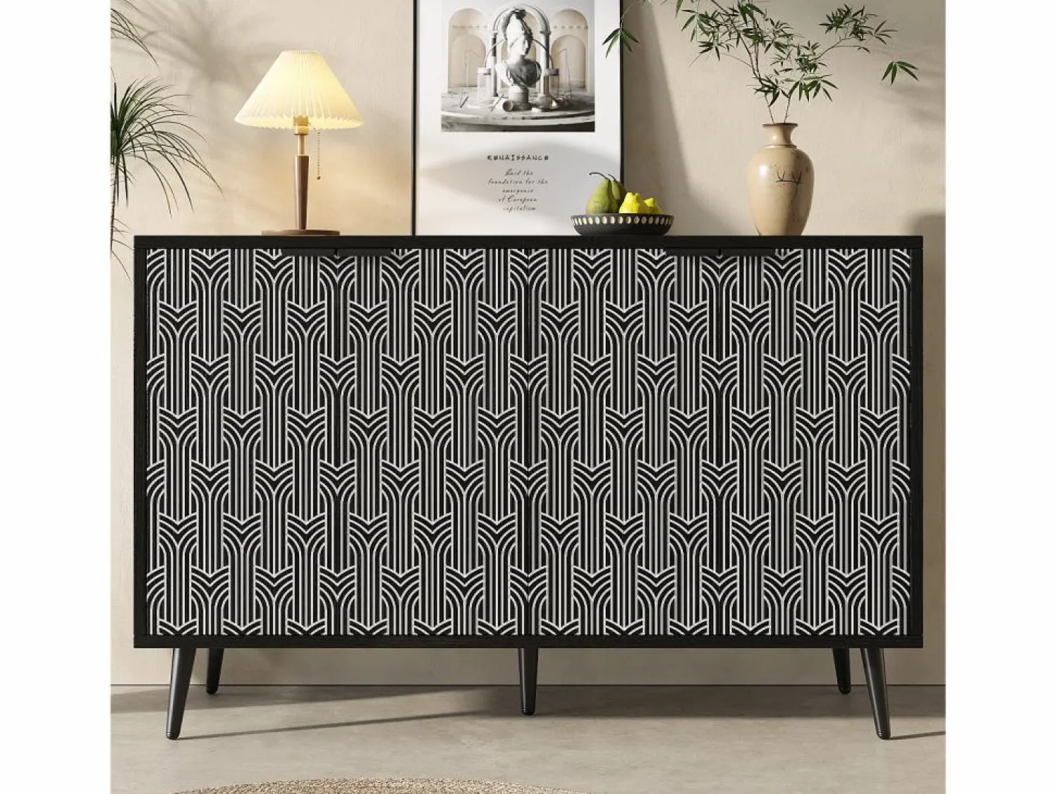 Merax Aparador moderno con 4 puertas talladas - 120 x 35 x 78 cm - MDF - para comedor y salón - Negro