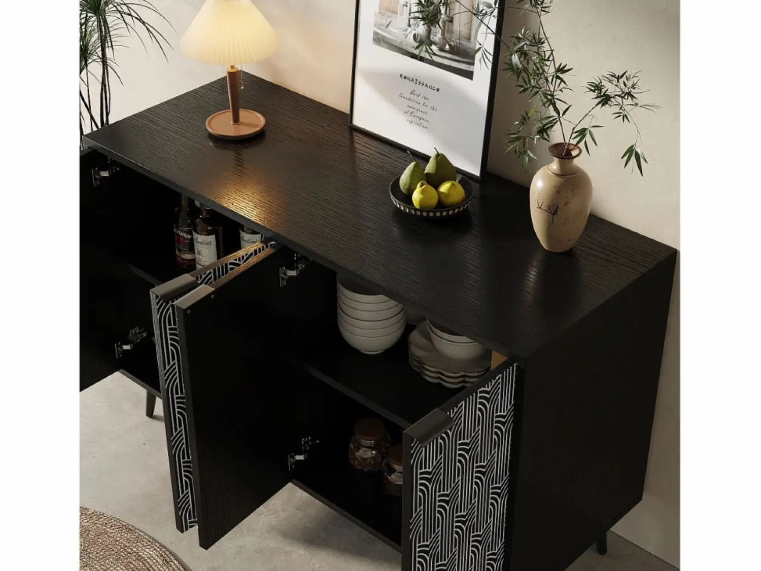 Merax Aparador moderno con 4 puertas talladas - 120 x 35 x 78 cm - MDF - para comedor y salón - Negro