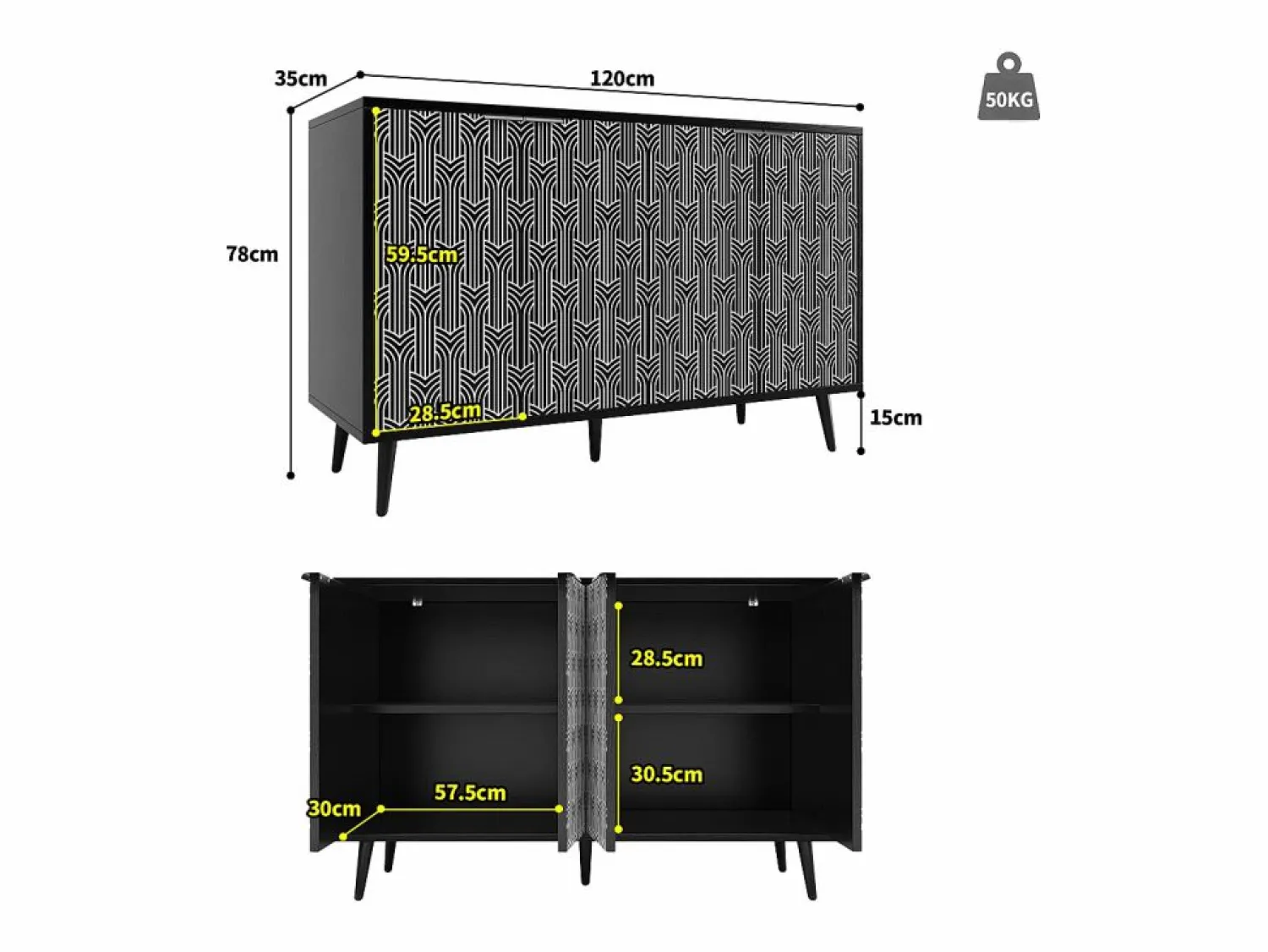 Merax Aparador moderno con 4 puertas talladas - 120 x 35 x 78 cm - MDF - para comedor y salón - Negro