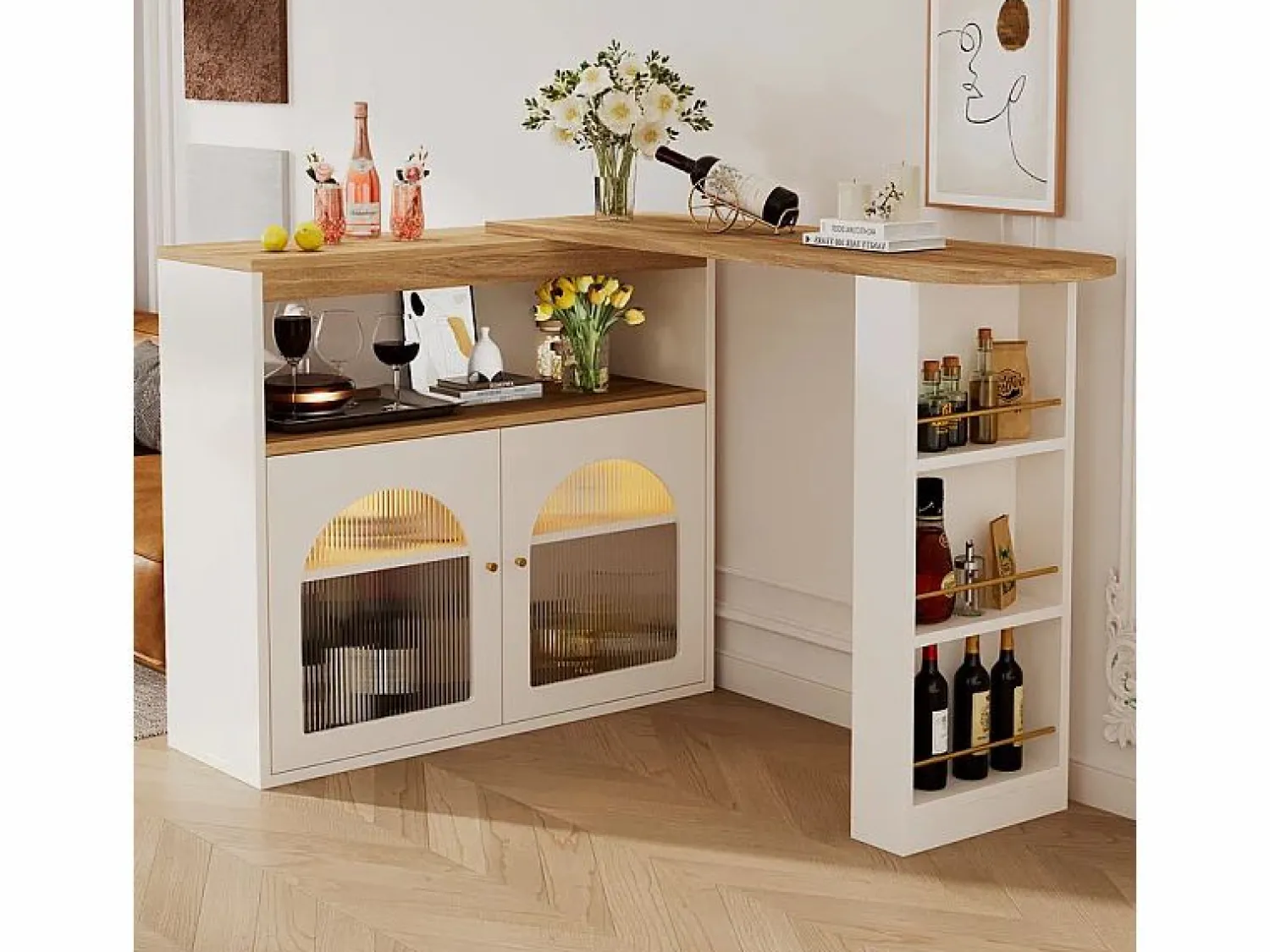 Sale Aparador, Mueble bar giratorio y retráctil con LED - gran espacio de almacenamiento - estilo contemporáneo - Mueble Bar