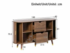 Merax Aparador redondeado con veta vertical - 140 x 40 x 79,5 cm - con 2 puertas correderas + 2 cajones - MDF - marrón