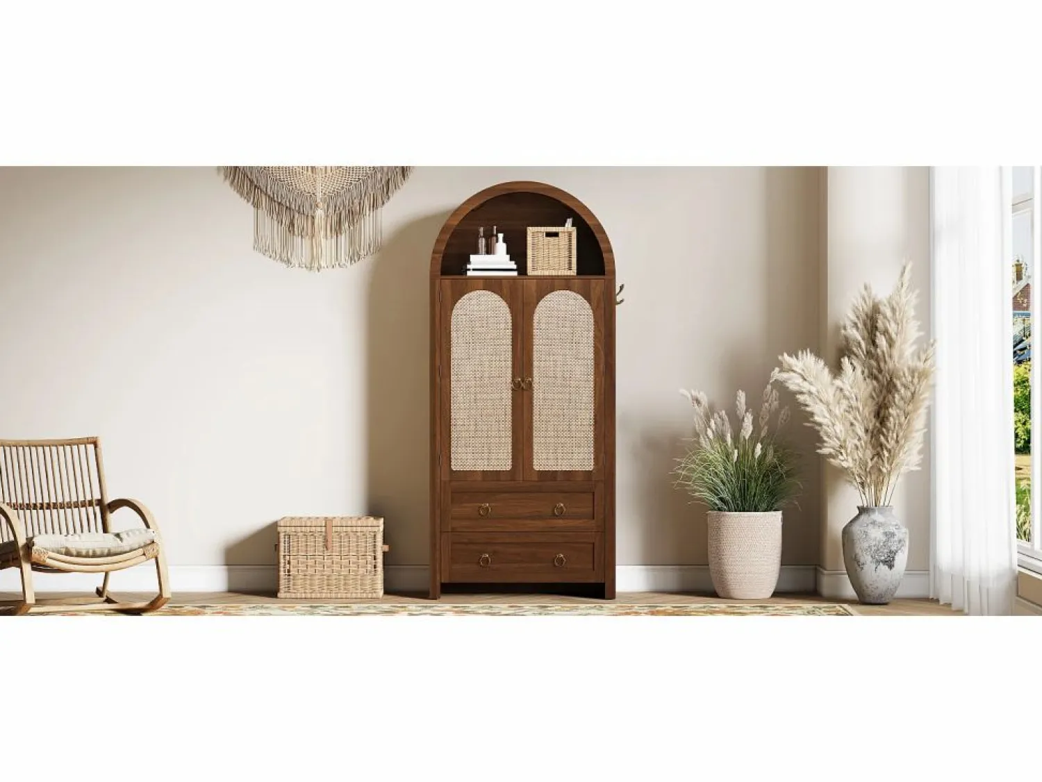 Best Merax Aparador vintage de mimbre estilo abovedado - 80 x 40 x 180 cm - con 2 cajones + 2 puertas - para salón y dormitorio - MDF - marrón Marru00f3n