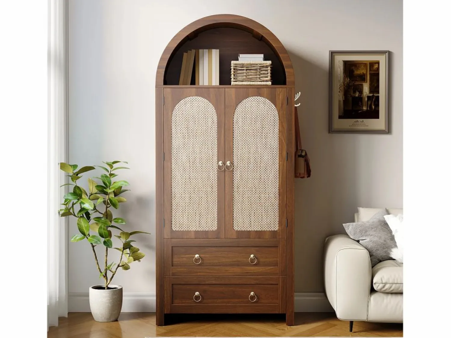 Best Merax Aparador vintage de mimbre estilo abovedado - 80 x 40 x 180 cm - con 2 cajones + 2 puertas - para salón y dormitorio - MDF - marrón Marru00f3n