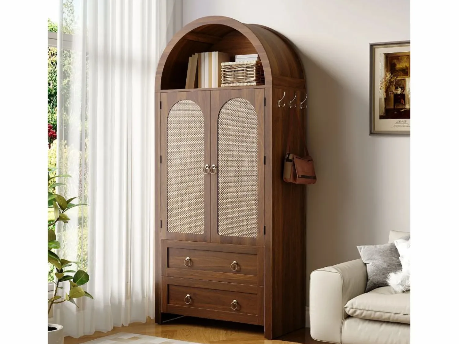 Best Merax Aparador vintage de mimbre estilo abovedado - 80 x 40 x 180 cm - con 2 cajones + 2 puertas - para salón y dormitorio - MDF - marrón Marru00f3n