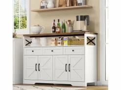 Sale Aparador 140x35x95cm con 3 cajones, 4 puertas y 1 nicho, tablero imitación madera marrón, cuerpo Aparador De Cocina