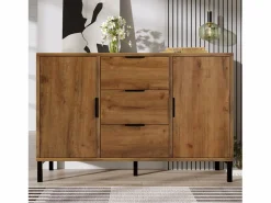 Sale Aparador 120x40x76cm con 3 cajones y 2 puertas, en madera natural oscura, patas de metal negro. Aparador De Cocina