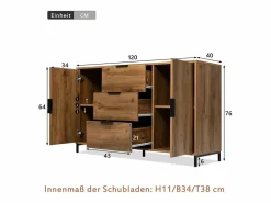 Sale Aparador 120x40x76cm con 3 cajones y 2 puertas, en madera natural oscura, patas de metal negro. Aparador De Cocina