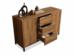 Sale Aparador 120x40x76cm con 3 cajones y 2 puertas, en madera natural oscura, patas de metal negro. Aparador De Cocina