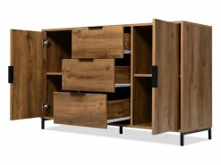 Sale Aparador 120x40x76cm con 3 cajones y 2 puertas, en madera natural oscura, patas de metal negro. Aparador De Cocina