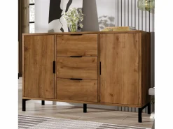 Sale Aparador 120x40x76cm con 3 cajones y 2 puertas, en madera natural oscura, patas de metal negro. Aparador De Cocina
