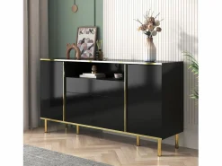 Online Hauss Spole Aparador 150x40x80cm con 4 puertas, 1 cajón y 1 nicho con LED, cuerpo lacado en , cantos y patas dorados Negro