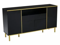 Online Hauss Spole Aparador 150x40x80cm con 4 puertas, 1 cajón y 1 nicho con LED, cuerpo lacado en , cantos y patas dorados Negro