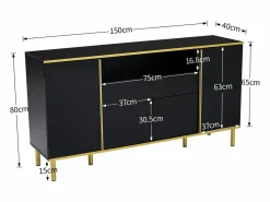 Online Hauss Spole Aparador 150x40x80cm con 4 puertas, 1 cajón y 1 nicho con LED, cuerpo lacado en , cantos y patas dorados Negro