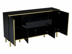Online Hauss Spole Aparador 150x40x80cm con 4 puertas, 1 cajón y 1 nicho con LED, cuerpo lacado en , cantos y patas dorados Negro