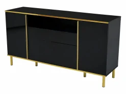 Online Hauss Spole Aparador 150x40x80cm con 4 puertas, 1 cajón y 1 nicho con LED, cuerpo lacado en , cantos y patas dorados Negro