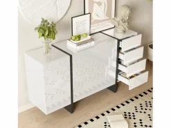 Online Hauss Spole Aparador 150x40x80cm con 3 puertas y 4 cajones, cuerpo en lacado brillo y negro. Blanco