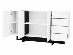 Online Hauss Spole Aparador 150x40x80cm con 3 puertas y 4 cajones, cuerpo en lacado brillo y negro. Blanco