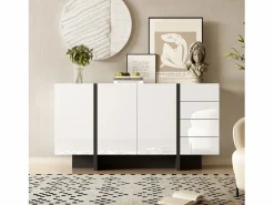 Online Hauss Spole Aparador 150x40x80cm con 3 puertas y 4 cajones, cuerpo en lacado brillo y negro. Blanco