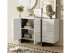Online Hauss Spole Aparador 150x40x80cm con 3 puertas y 4 cajones, cuerpo en lacado brillo y negro. Blanco