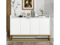 Best Hauss Spole Aparador 120x30x80cm con 4 puertas sin tiradores, patas de metal dorado, cuerpo Blanco