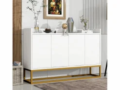 Best Hauss Spole Aparador 120x30x80cm con 4 puertas sin tiradores, patas de metal dorado, cuerpo Blanco
