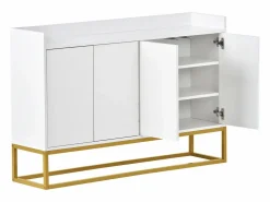 Best Hauss Spole Aparador 120x30x80cm con 4 puertas sin tiradores, patas de metal dorado, cuerpo Blanco