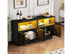 Hauss Spole Aparador 130x35x68cm con 4 puertas correderas de cristal y 4 puertas batientes negras, LED incluido