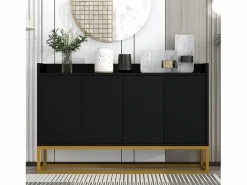 Online Hauss Spole Aparador 120x30x80cm con 4 puertas sin tiradores, patas de metal dorado, cuerpo Negro
