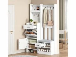 Clearance Hauss Spole Armadietto bianco con 2 cassetti, 2 ante, panca e ganci, pannello forato 110x35x175,5cm Blanco