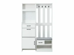 Clearance Hauss Spole Armadietto bianco con 2 cassetti, 2 ante, panca e ganci, pannello forato 110x35x175,5cm Blanco