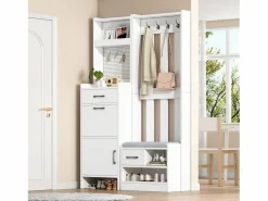 Clearance Hauss Spole Armadietto bianco con 2 cassetti, 2 ante, panca e ganci, pannello forato 110x35x175,5cm Blanco