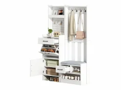 Clearance Hauss Spole Armadietto bianco con 2 cassetti, 2 ante, panca e ganci, pannello forato 110x35x175,5cm Blanco