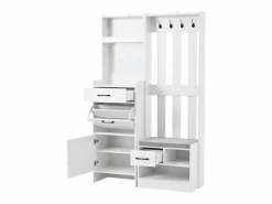 Clearance Hauss Spole Armadietto bianco con 2 cassetti, 2 ante, panca e ganci, pannello forato 110x35x175,5cm Blanco