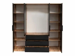 Vente-unique Armario 4 puertas 3 cajones con espejo L196 cm en color natural y negro - LIRMADA Negro / Color natural claro