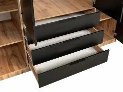 Vente-unique Armario 4 puertas 3 cajones con espejo L196 cm en color natural y negro - LIRMADA Negro / Color natural claro