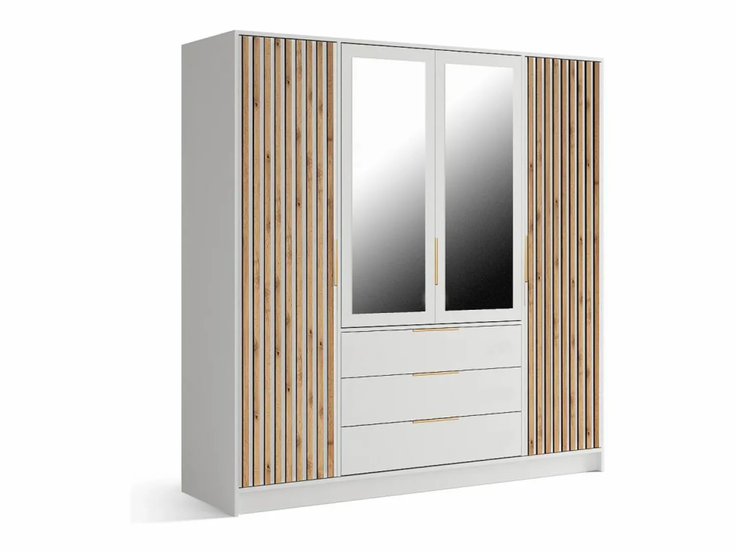 Clearance Vente-unique Armario 4 puertas 3 cajones con espejo An196 cm en color natural y blanco - LIRMADA Color natural claro / Blanco