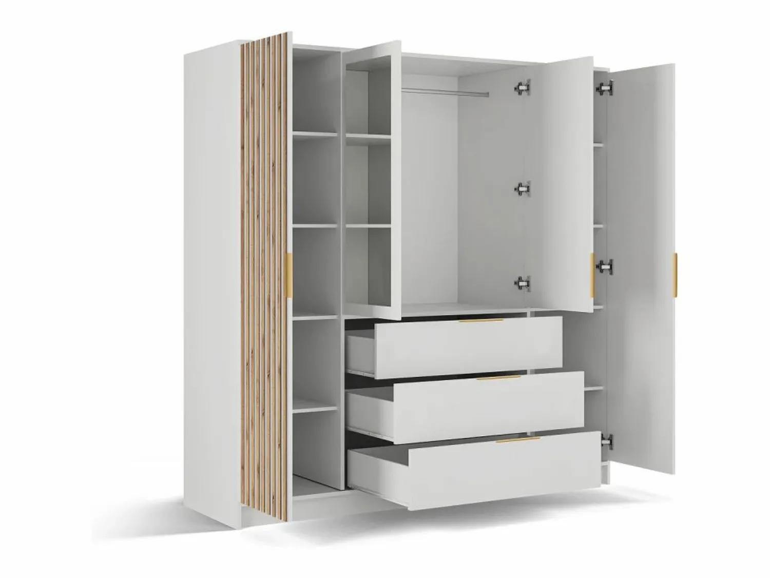 Clearance Vente-unique Armario 4 puertas 3 cajones con espejo An196 cm en color natural y blanco - LIRMADA Color natural claro / Blanco
