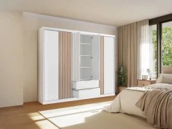 Vente-unique Armario 4 puertas 2 cajones con espejo L250 cm color blanco y natural - SIDOVIA