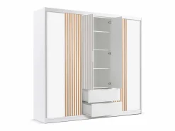 Vente-unique Armario 4 puertas 2 cajones con espejo L250 cm color blanco y natural - SIDOVIA